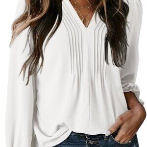 Womens Tops Casual Pleated V Neck Puff Long Sleeve T Shirts Loose Tunic Business